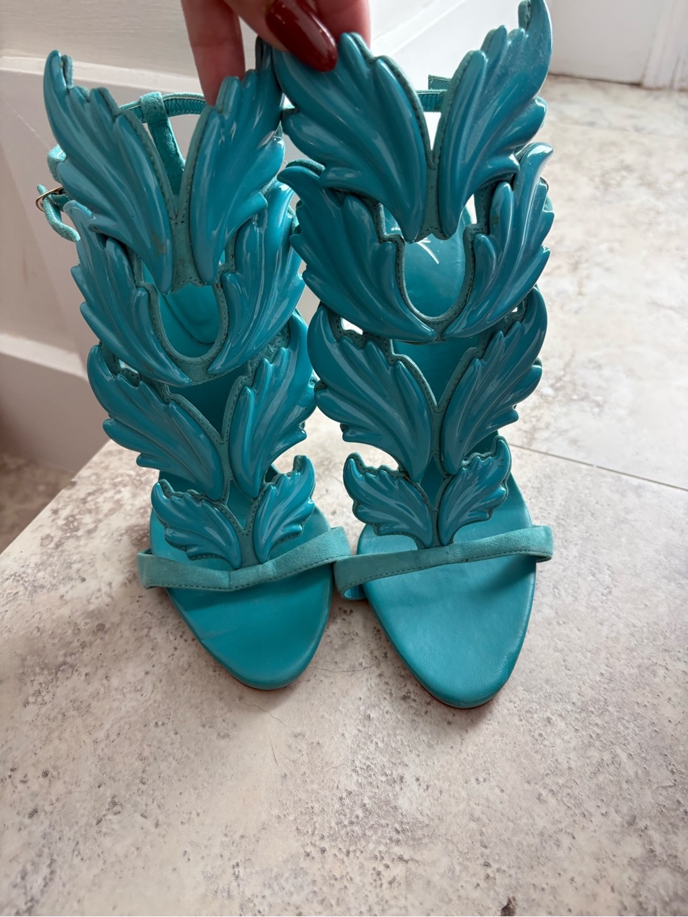 Giuseppe Zanotti Turquoise Leaf Appliqué High Heels